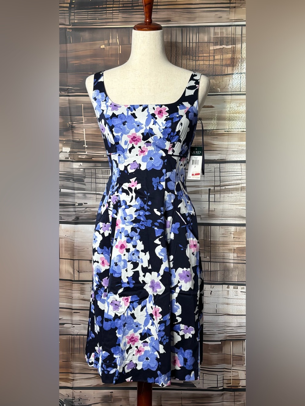 Lauren Ralph Lauren NWT Navy Blue Floral A Line Cocktail Dress Size 2